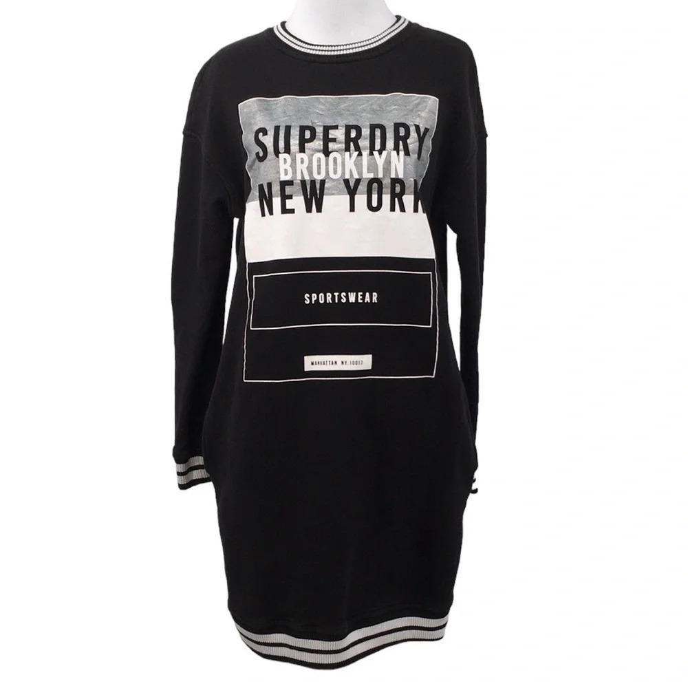 Superdry Sweatshirt Dress Womens‎ Small Black Graphic Tipped Rib Tunic
